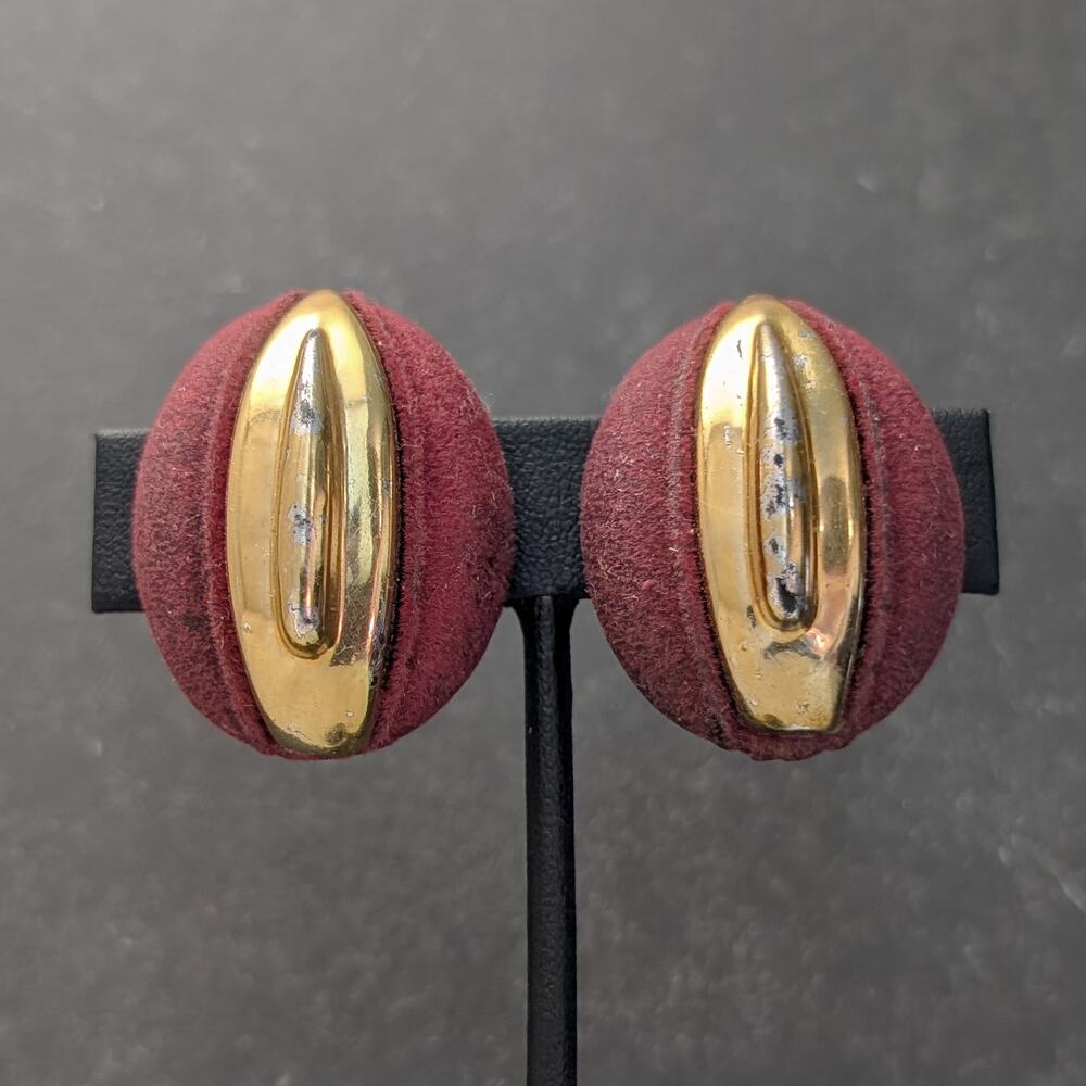 Vintage Clip On Earrings Large Dark Red & Gold Tone - Condition Issues